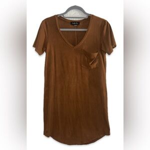Boutique Faux Suede Brown V-neck Dress by Another Love w/ Front pocket | Size S